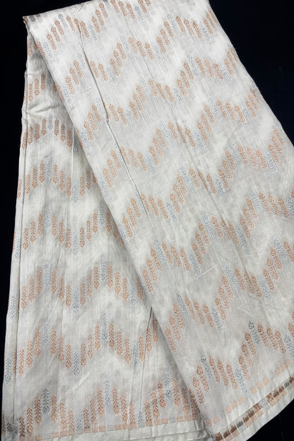 Gold & Silver Zari Mughal Motif Waves Patterned Pure Banaras Chiniya Dyeable Fabric