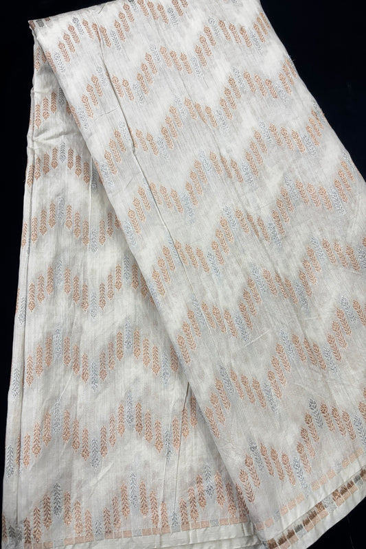 Gold & Silver Zari Mughal Motif Waves Patterned Pure Banaras Chiniya Dyeable Fabric