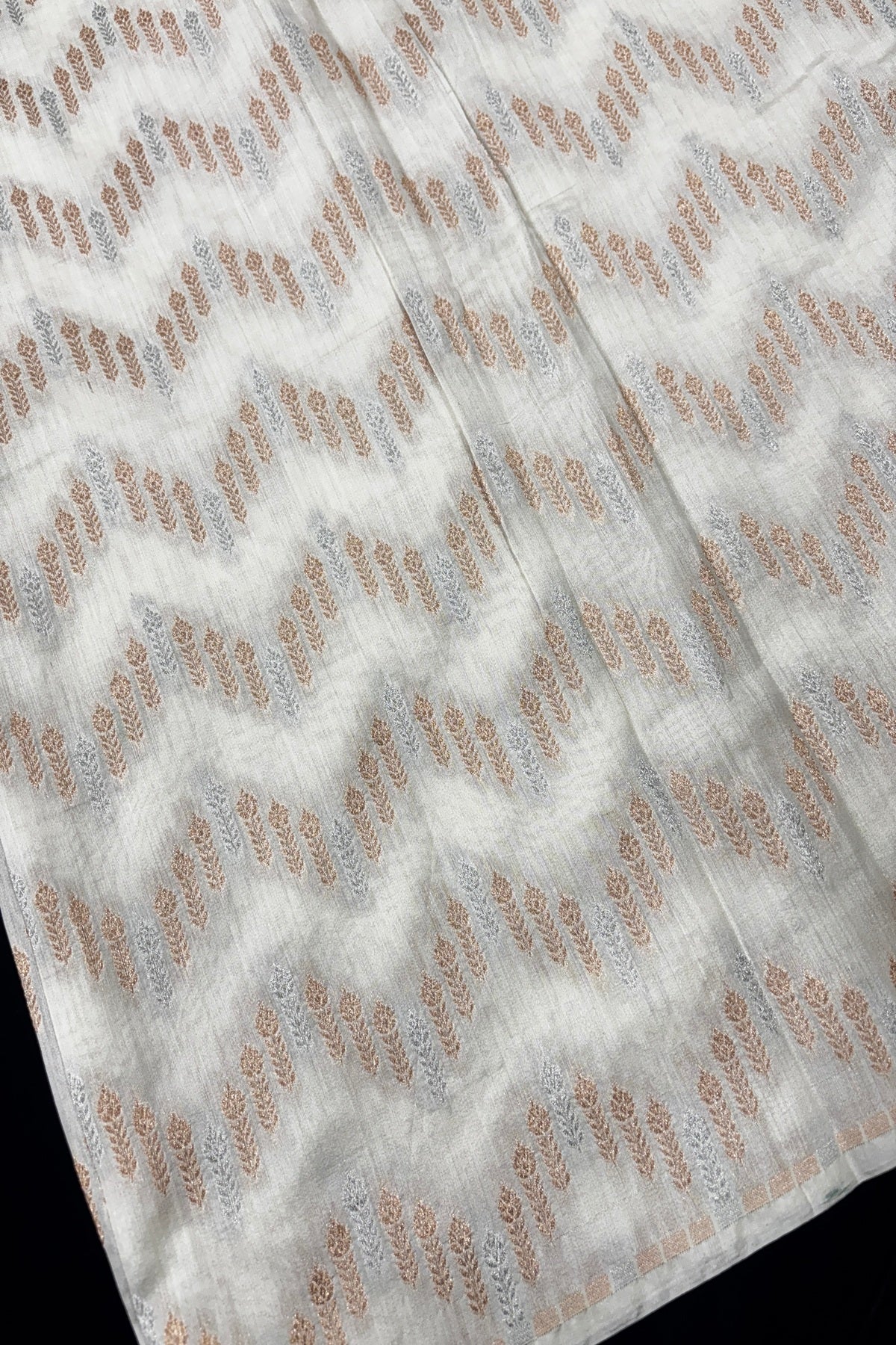 Gold & Silver Zari Mughal Motif Waves Patterned Pure Banaras Chiniya Dyeable Fabric