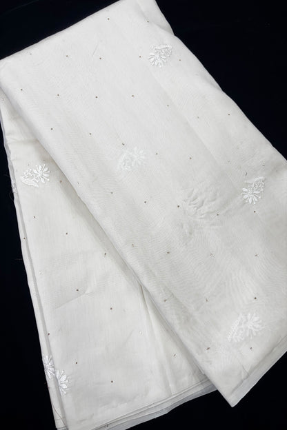 Pure Chanderi White Dyeable Fabric With Chikankari Flowers & Scattered Mukaish Works