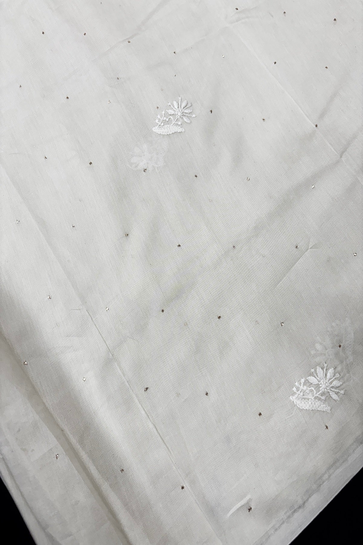 Pure Chanderi White Dyeable Fabric With Chikankari Flowers & Scattered Mukaish Works