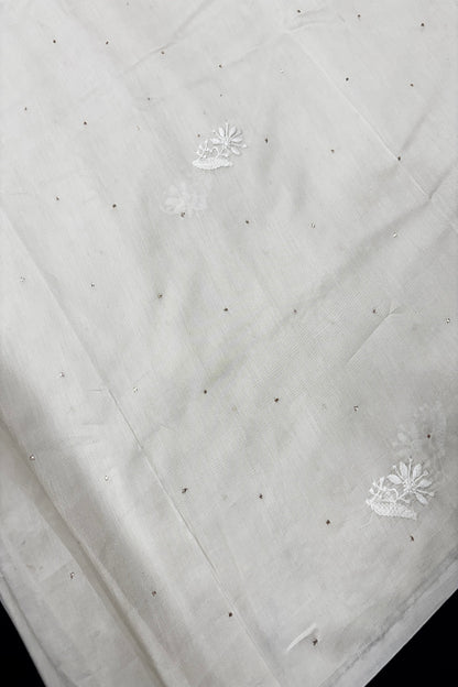 Pure Chanderi White Dyeable Fabric With Chikankari Flowers & Scattered Mukaish Works