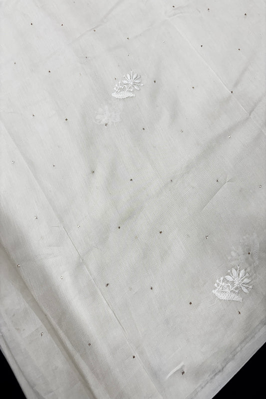 Pure Chanderi White Dyeable Fabric With Chikankari Flowers & Scattered Mukaish Works