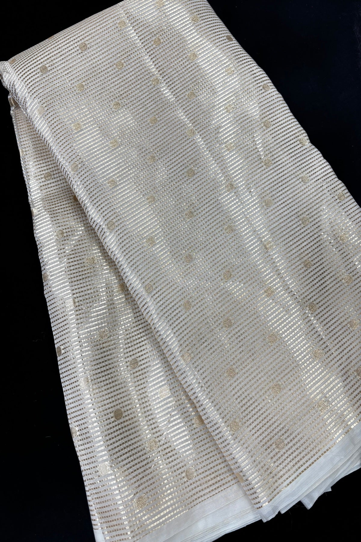 Pure Organza Gold Horizontal Lines & Polka Dots Woven White Dyeable Fabric