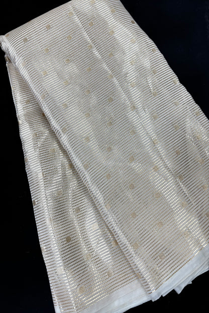 Pure Organza Gold Horizontal Lines & Polka Dots Woven White Dyeable Fabric