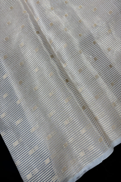 Pure Organza Gold Horizontal Lines & Polka Dots Woven White Dyeable Fabric