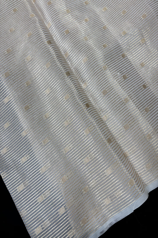 Pure Organza Gold Horizontal Lines & Polka Dots Woven White Dyeable Fabric
