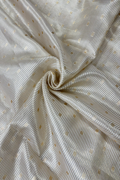 Pure Organza Gold Horizontal Lines & Polka Dots Woven White Dyeable Fabric