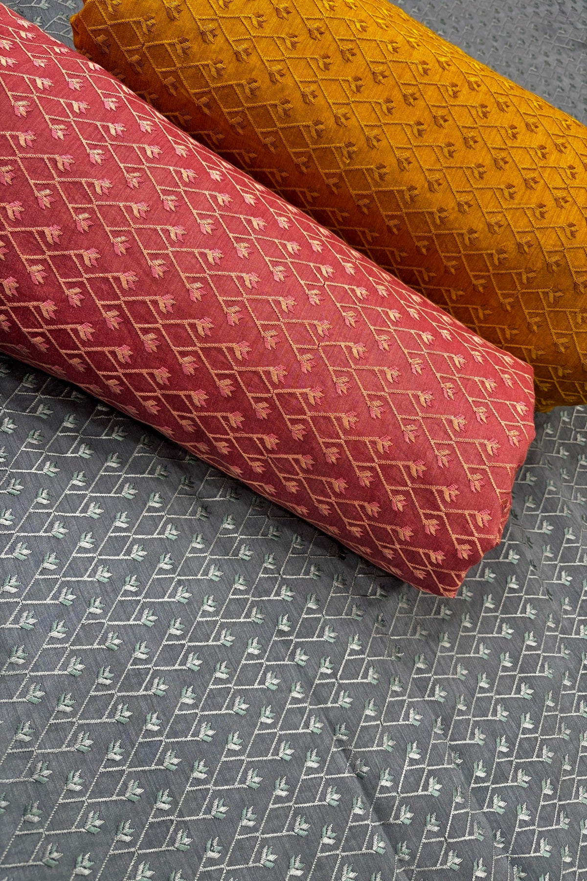 Pure Munga Silk Cross Designs Embroidered Fabric  With Dual Shaded Threads