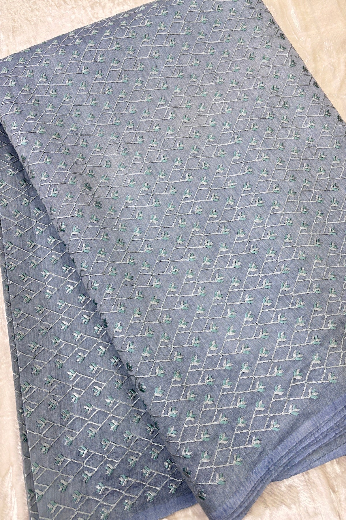 Pure Munga Silk Cross Designs Embroidered Fabric  With Dual Shaded Threads