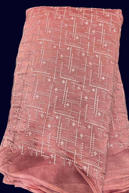 Geometric Grid Styled Thread Embroidered Pure Falling Raw Silk Fabric