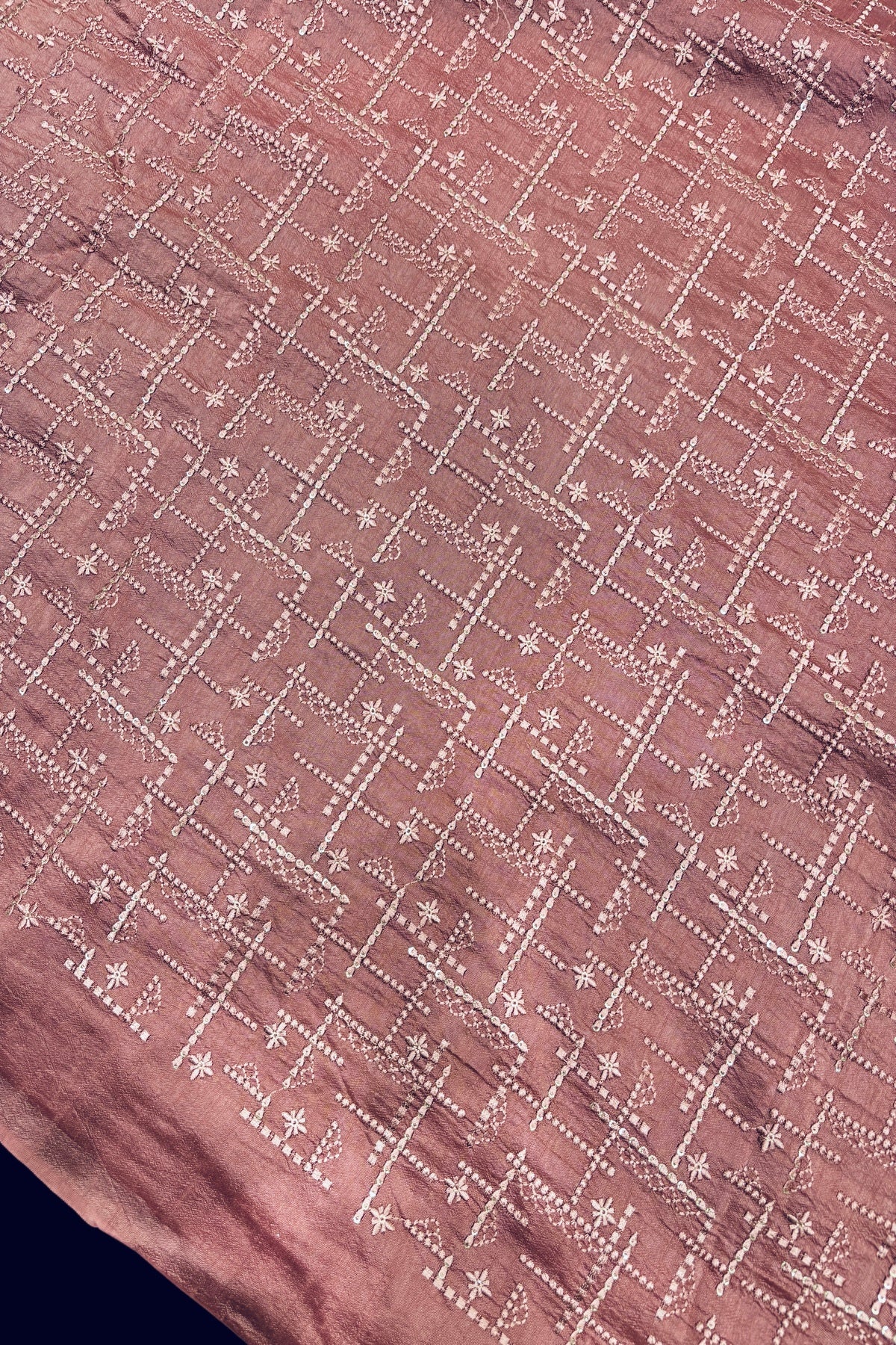Geometric Grid Styled Thread Embroidered Pure Falling Raw Silk Fabric