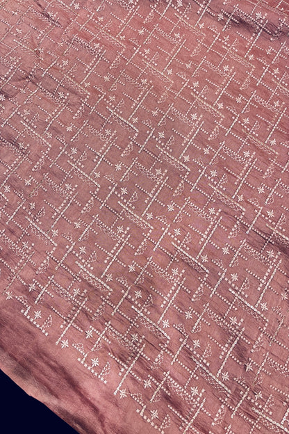 Geometric Grid Styled Thread Embroidered Pure Falling Raw Silk Fabric