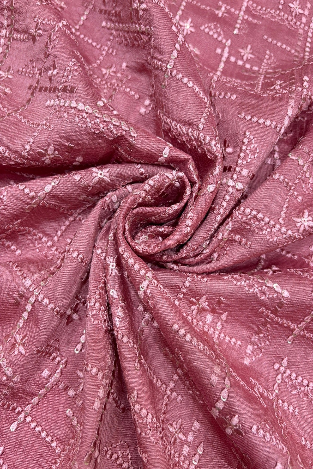 Geometric Grid Styled Thread Embroidered Pure Falling Raw Silk Fabric