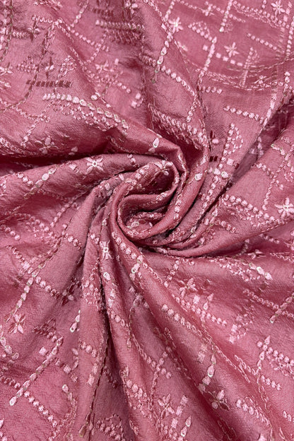 Geometric Grid Styled Thread Embroidered Pure Falling Raw Silk Fabric