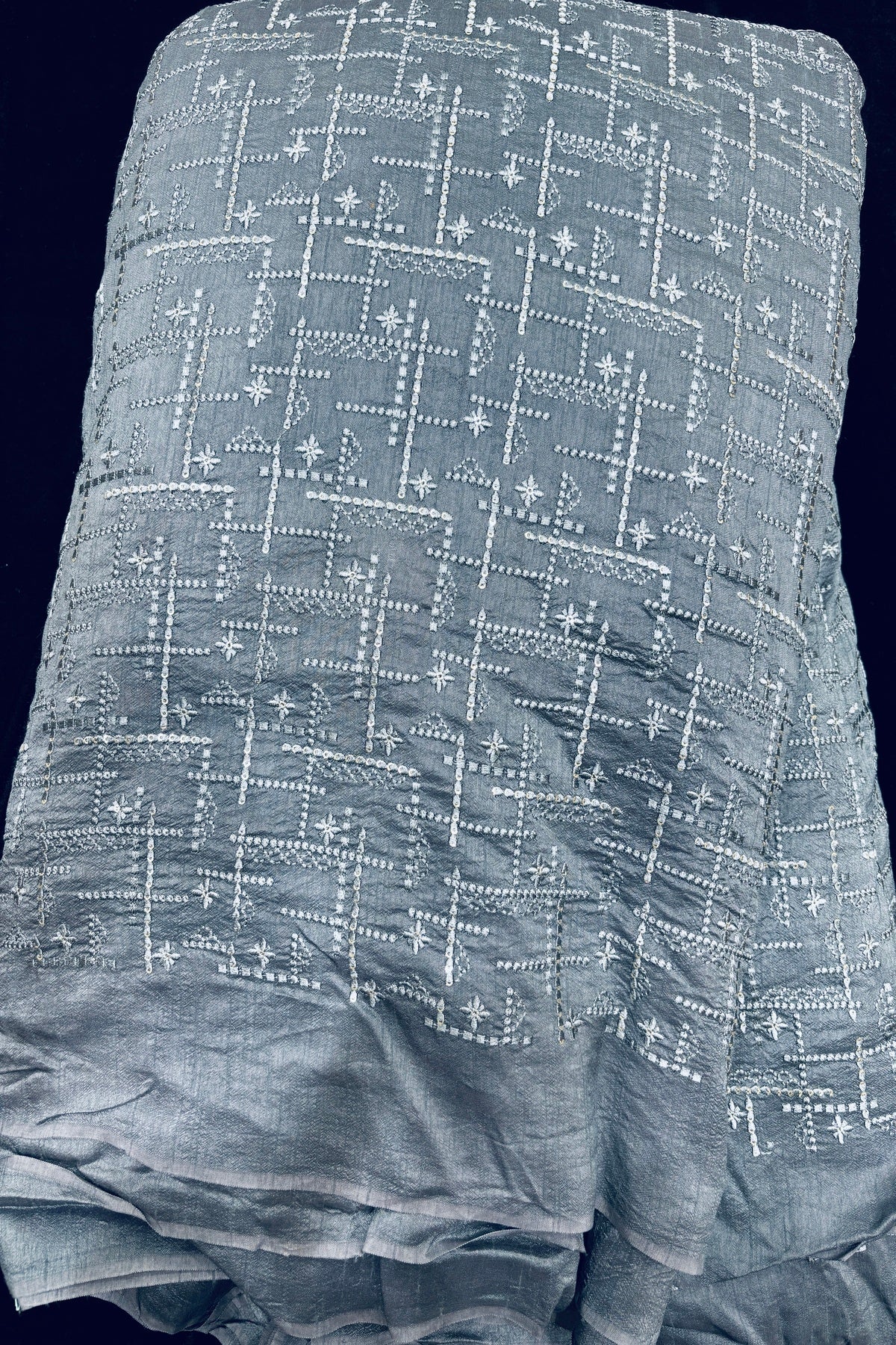 Geometric Grid Styled Thread Embroidered Pure Falling Raw Silk Fabric