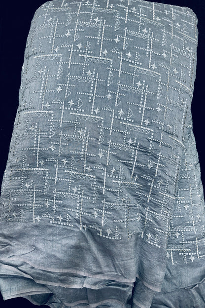 Geometric Grid Styled Thread Embroidered Pure Falling Raw Silk Fabric