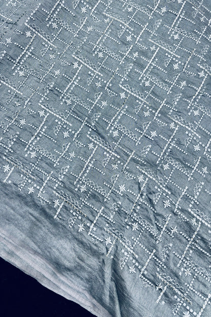 Geometric Grid Styled Thread Embroidered Pure Falling Raw Silk Fabric