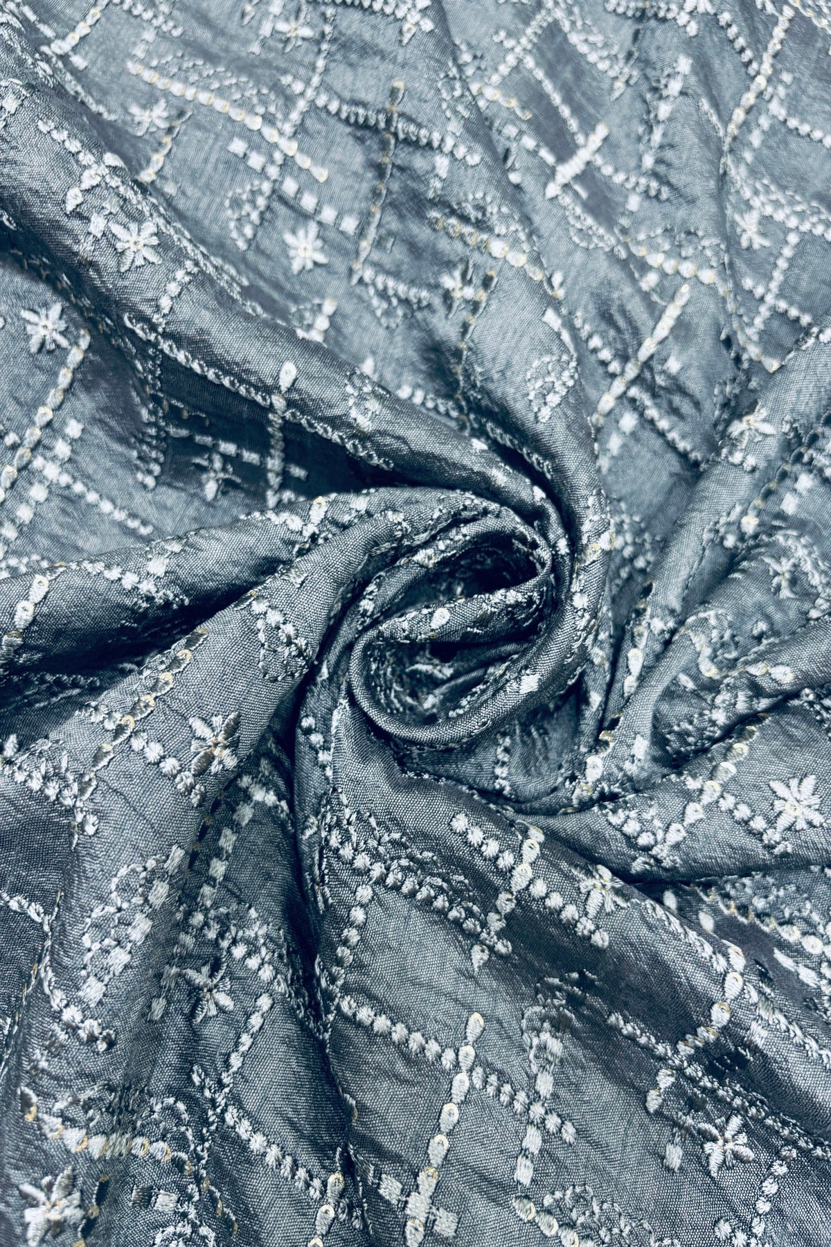 Geometric Grid Styled Thread Embroidered Pure Falling Raw Silk Fabric