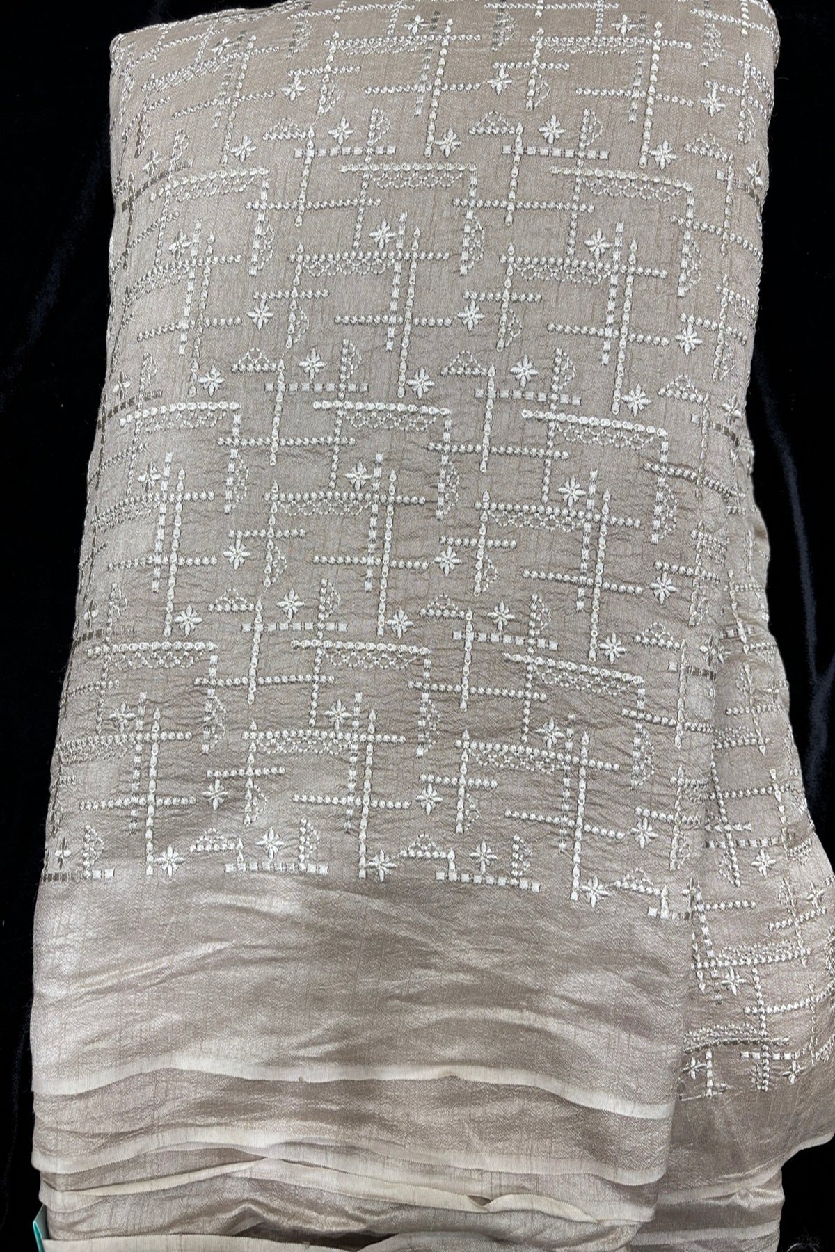Geometric Grid Styled Thread Embroidered Pure Falling Raw Silk Fabric