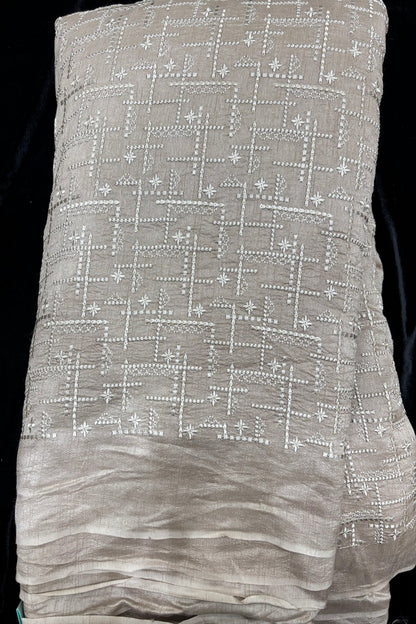 Geometric Grid Styled Thread Embroidered Pure Falling Raw Silk Fabric