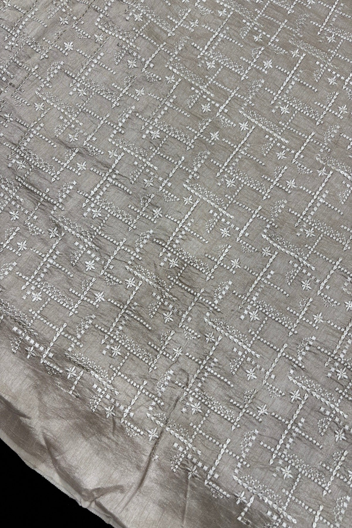 Geometric Grid Styled Thread Embroidered Pure Falling Raw Silk Fabric