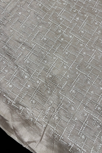 Geometric Grid Styled Thread Embroidered Pure Falling Raw Silk Fabric