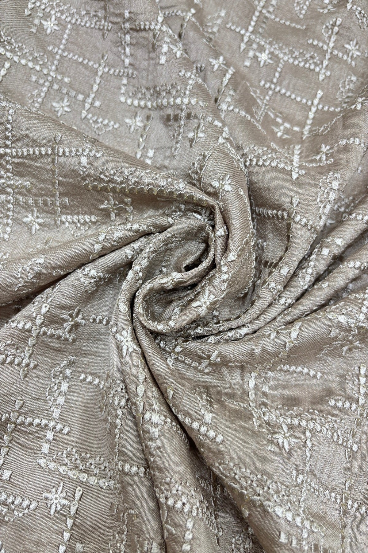 Geometric Grid Styled Thread Embroidered Pure Falling Raw Silk Fabric