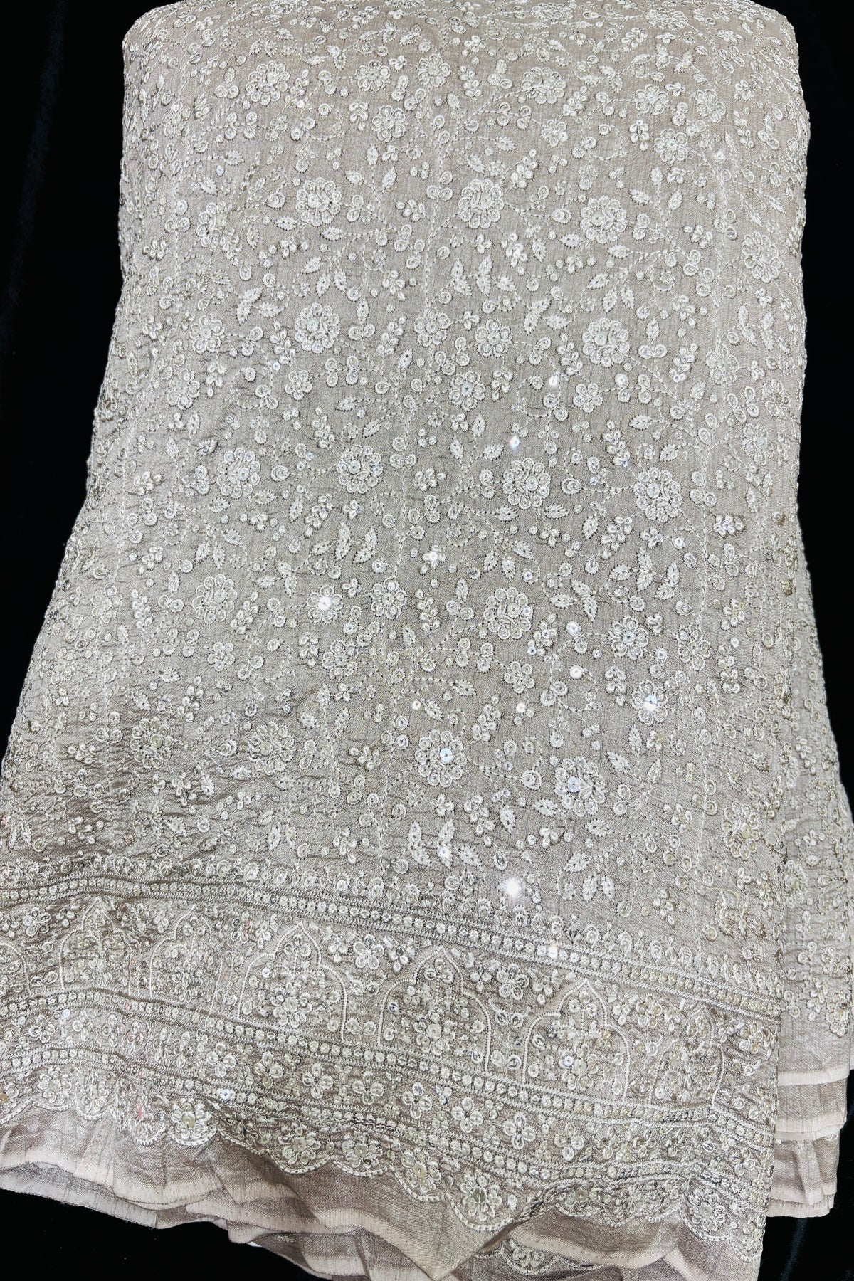 Chikankari Style Embroidered With Sequins Embelished Pure Falling Rawsilk Fabric