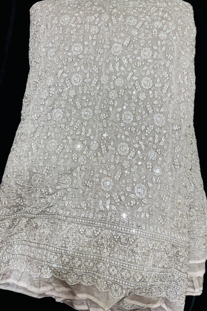 Chikankari Style Embroidered With Sequins Embelished Pure Falling Rawsilk Fabric