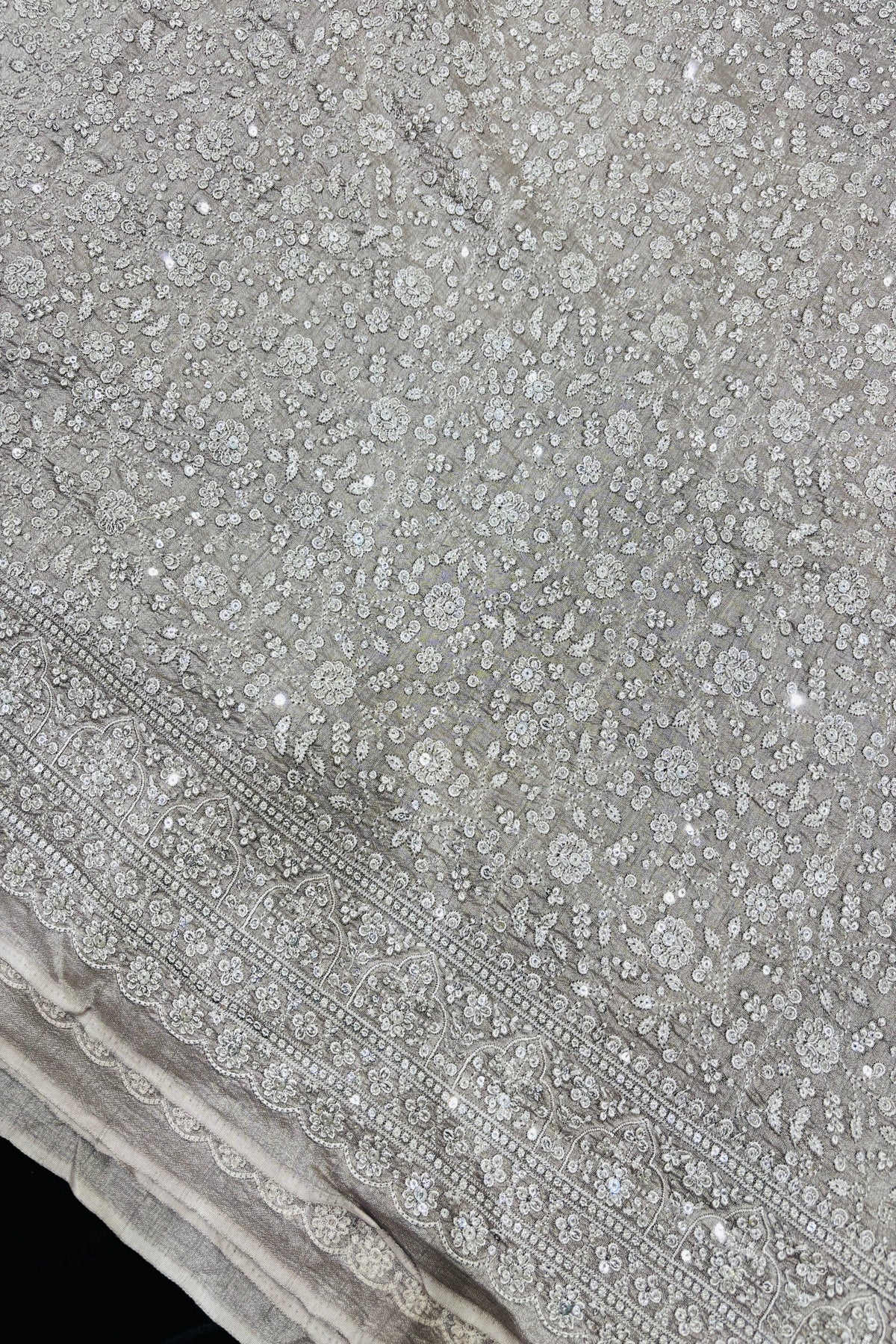 Chikankari Style Embroidered With Sequins Embelished Pure Falling Rawsilk Fabric