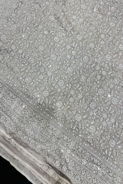 Chikankari Style Embroidered With Sequins Embelished Pure Falling Rawsilk Fabric