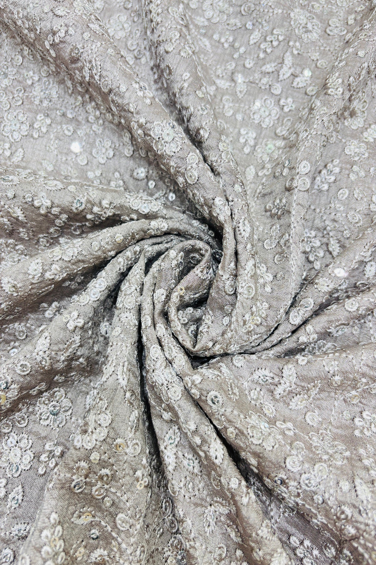 Chikankari Style Embroidered With Sequins Embelished Pure Falling Rawsilk Fabric