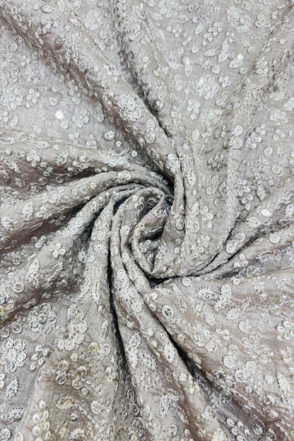 Chikankari Style Embroidered With Sequins Embelished Pure Falling Rawsilk Fabric