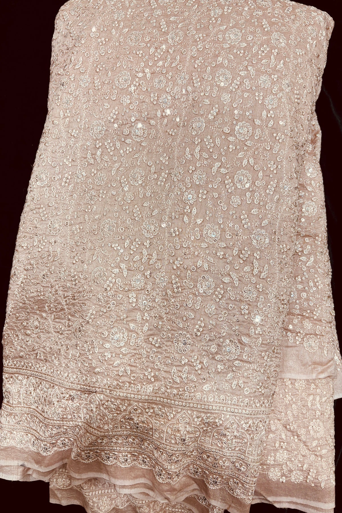 Chikankari Style Embroidered With Sequins Embelished Pure Falling Rawsilk Fabric