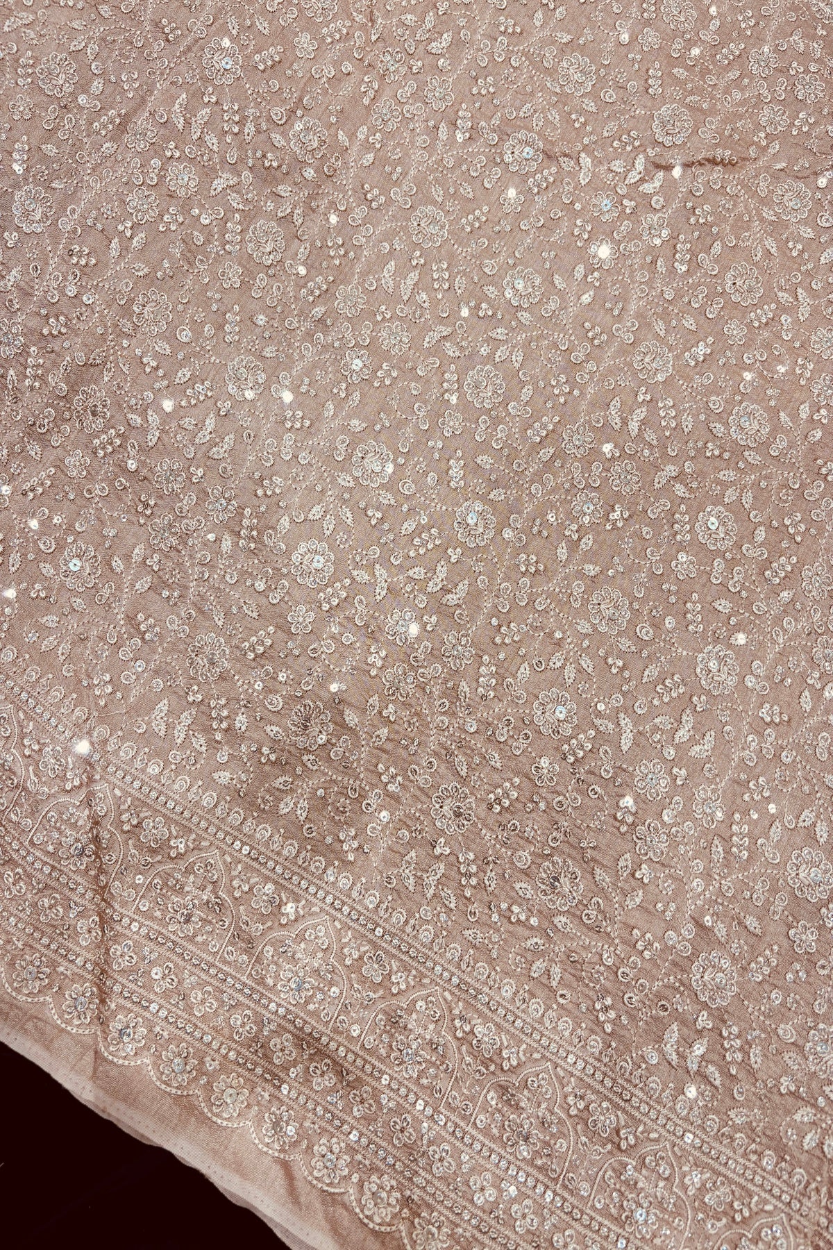 Chikankari Style Embroidered With Sequins Embelished Pure Falling Rawsilk Fabric