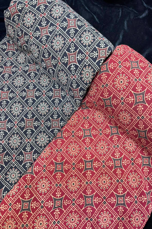 Diamond Lattice Ajrak Handloom Block Printed Pure Cotton Fabric