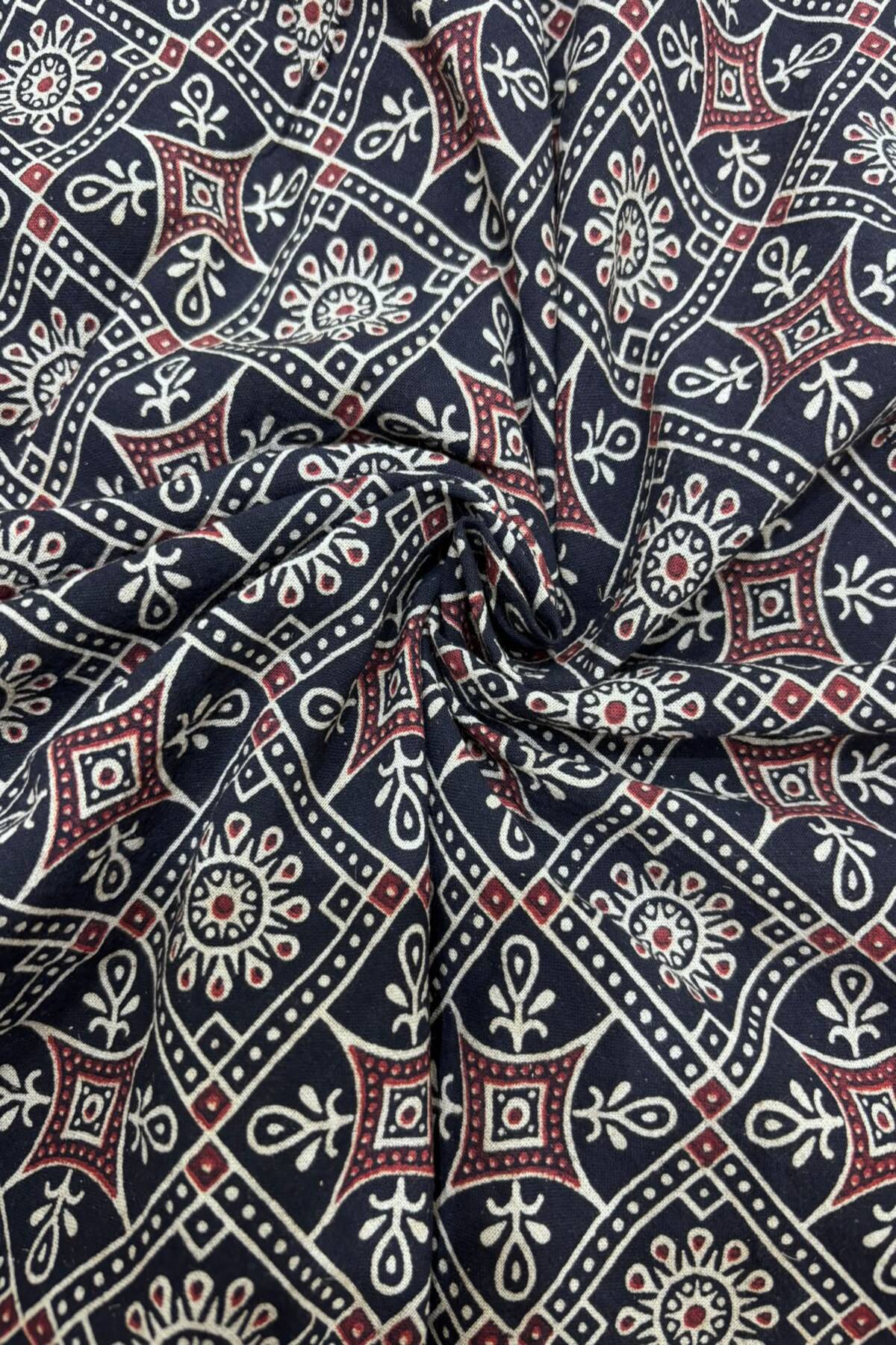 Diamond Lattice Ajrak Handloom Block Printed Pure Cotton Fabric