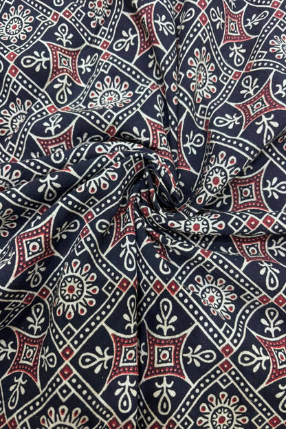Diamond Lattice Ajrak Handloom Block Printed Pure Cotton Fabric