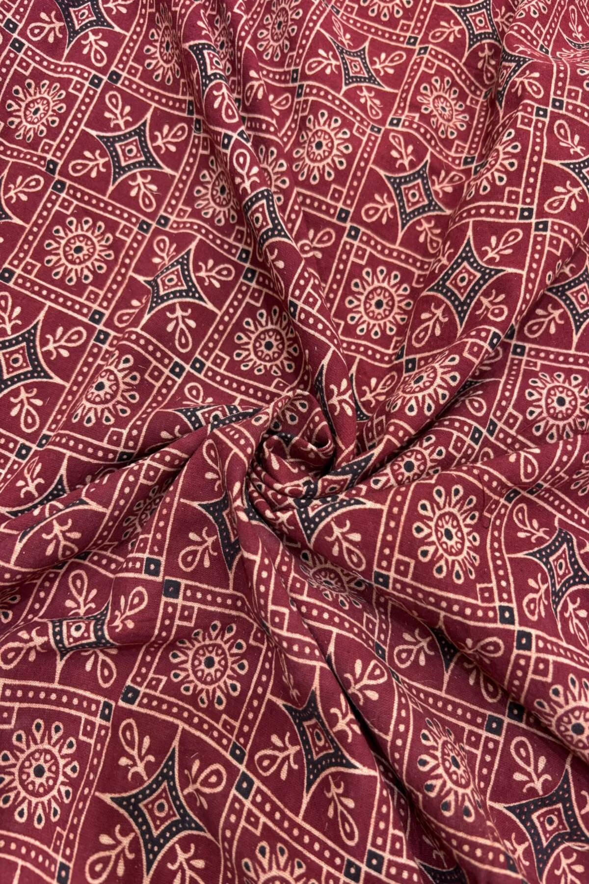 Diamond Lattice Ajrak Handloom Block Printed Pure Cotton Fabric