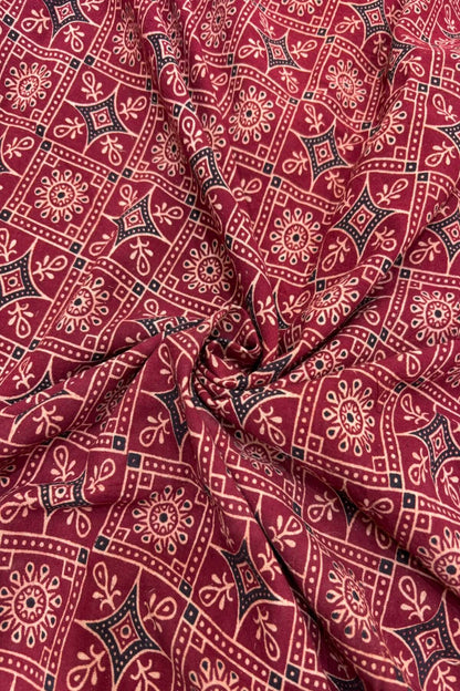 Diamond Lattice Ajrak Handloom Block Printed Pure Cotton Fabric