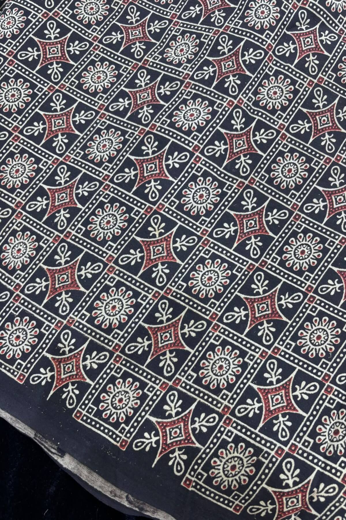 Diamond Lattice Ajrak Handloom Block Printed Pure Cotton Fabric