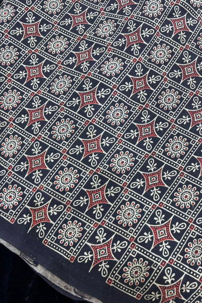 Diamond Lattice Ajrak Handloom Block Printed Pure Cotton Fabric