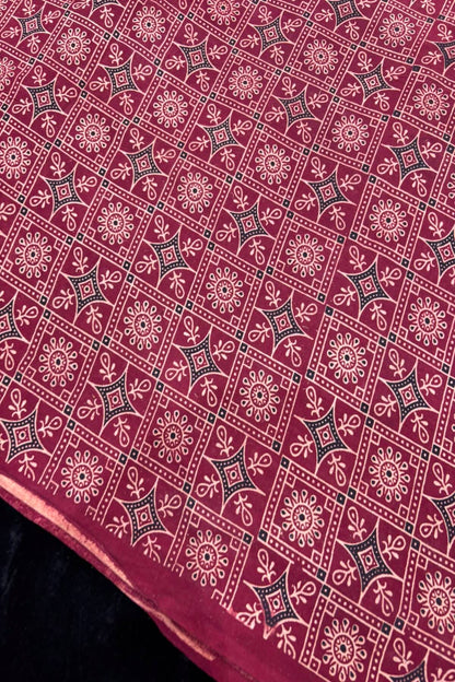 Diamond Lattice Ajrak Handloom Block Printed Pure Cotton Fabric