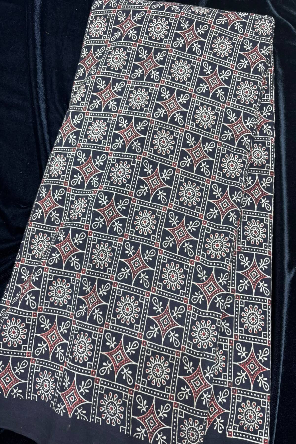 Diamond Lattice Ajrak Handloom Block Printed Pure Cotton Fabric