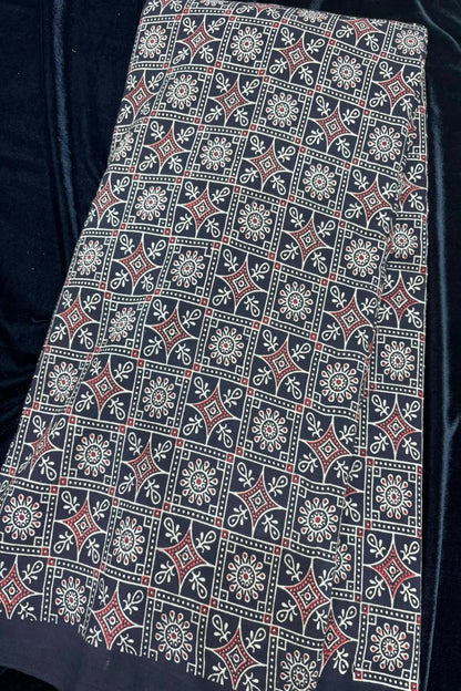 Diamond Lattice Ajrak Handloom Block Printed Pure Cotton Fabric