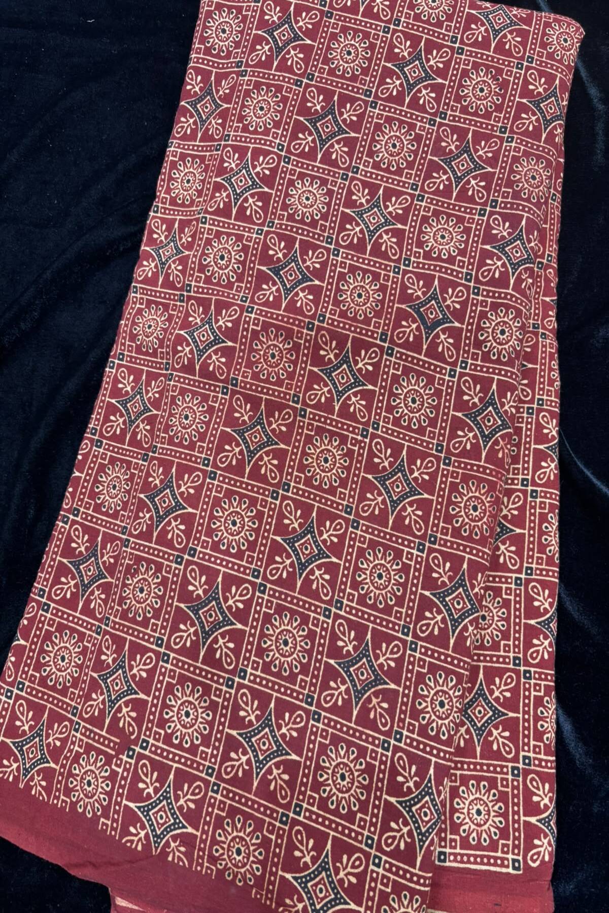 Diamond Lattice Ajrak Handloom Block Printed Pure Cotton Fabric