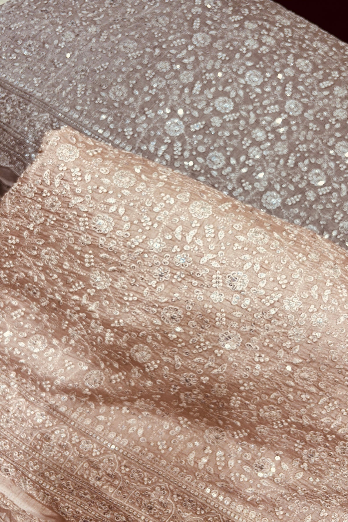 Chikankari Style Embroidered With Sequins Embelished Pure Falling Rawsilk Fabric