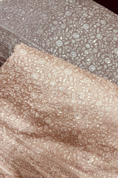 Chikankari Style Embroidered With Sequins Embelished Pure Falling Rawsilk Fabric