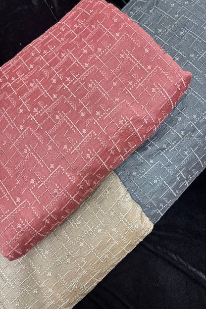 Geometric Grid Styled Thread Embroidered Pure Falling Raw Silk Fabric